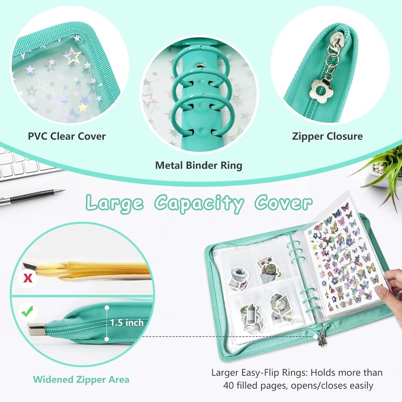 Ruatu Sticker Storage Organizer Binder A5 Sticker Collecting Book Reusable Zipper Album with Clear Laser Star Cover and Pocket Pages (Cyan) - Image 2